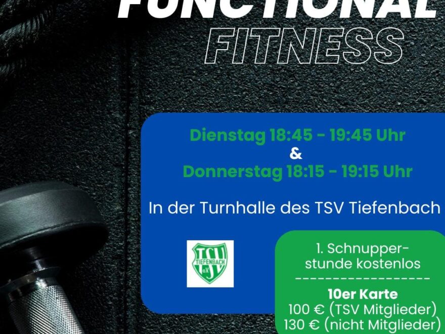 Werbung Functional Fitness am Dienstag 18:45 bis 19:45 und Donnerstag 18:15 bis 19:15.